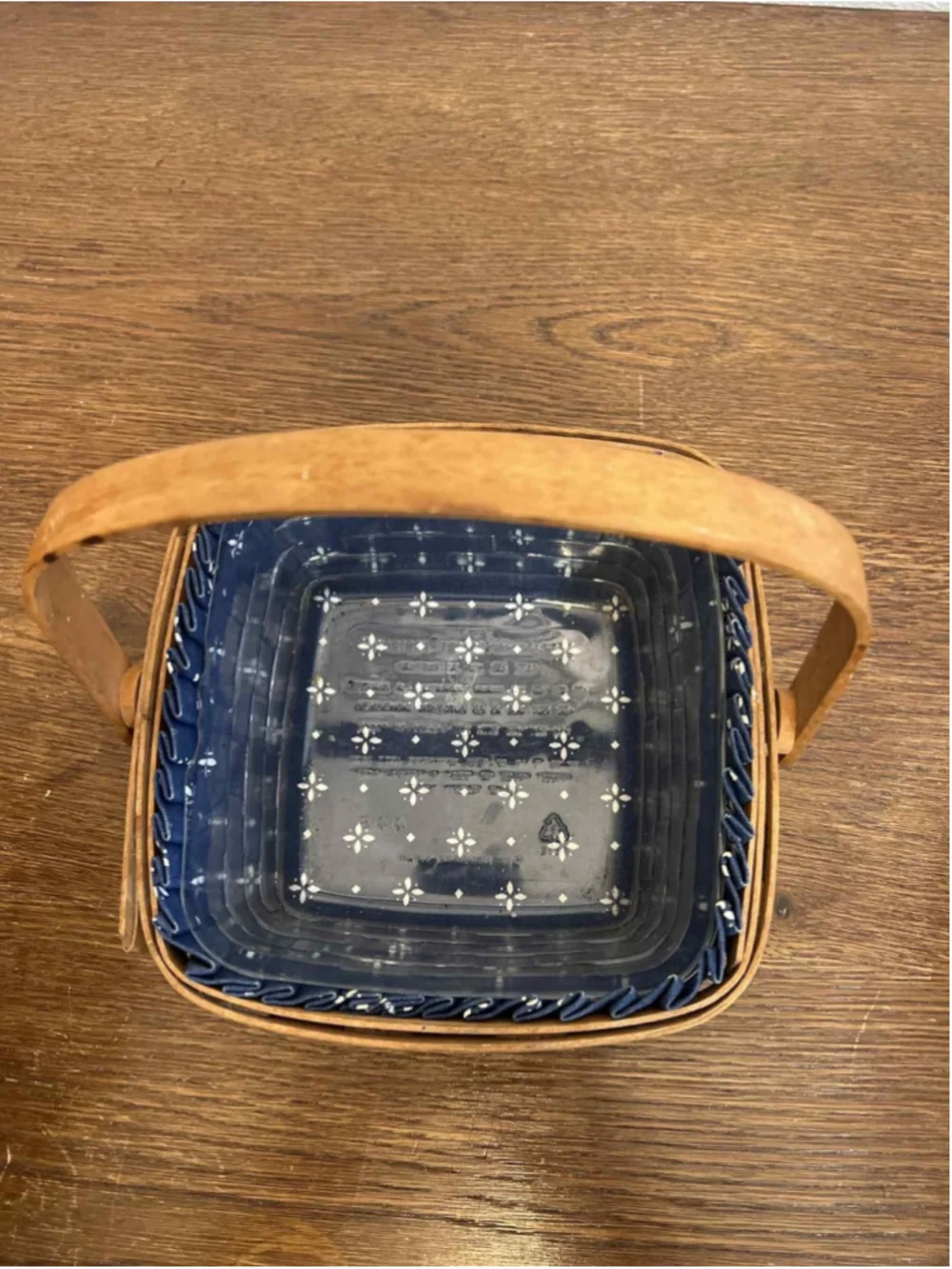 Vintage Longaberger Basket 1990 Signed JH Blue Fabric Liner & Plastic Protector